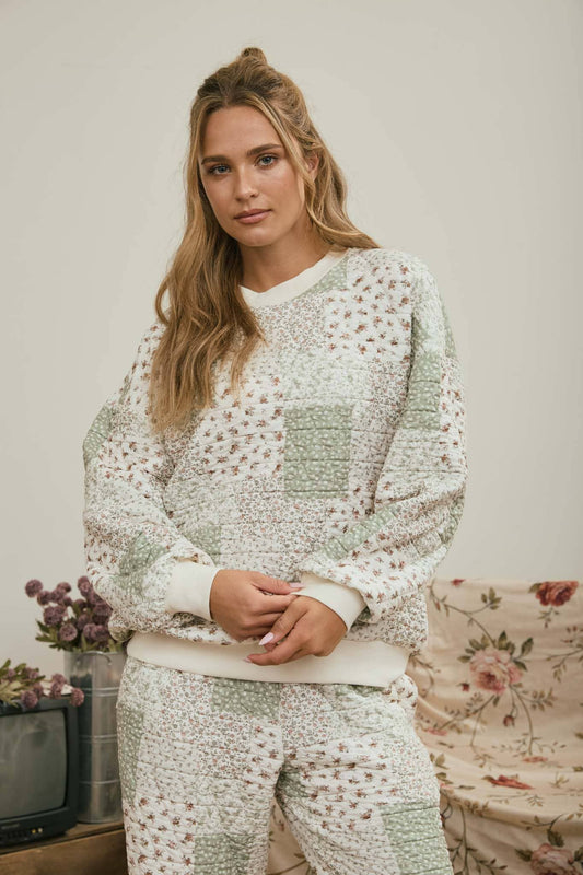 J.O.A. MULTI-FLORAL PATCHWORK KNIT TOP and PANTS SET