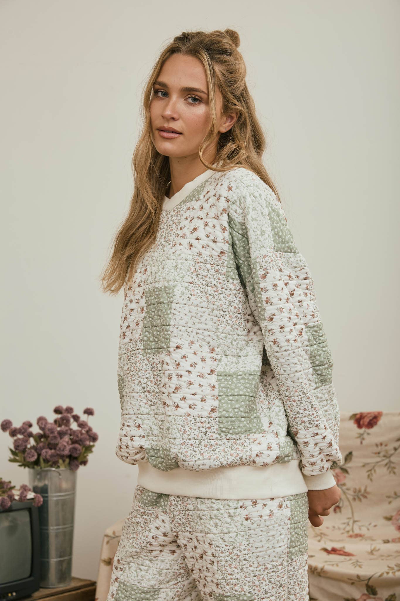J.O.A. MULTI-FLORAL PATCHWORK KNIT TOP and PANTS SET