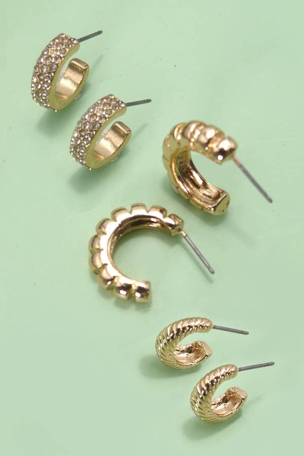 Josslyn TRIO RHINESTONE TEXTURED HUGGIE HOOP EARRINGS