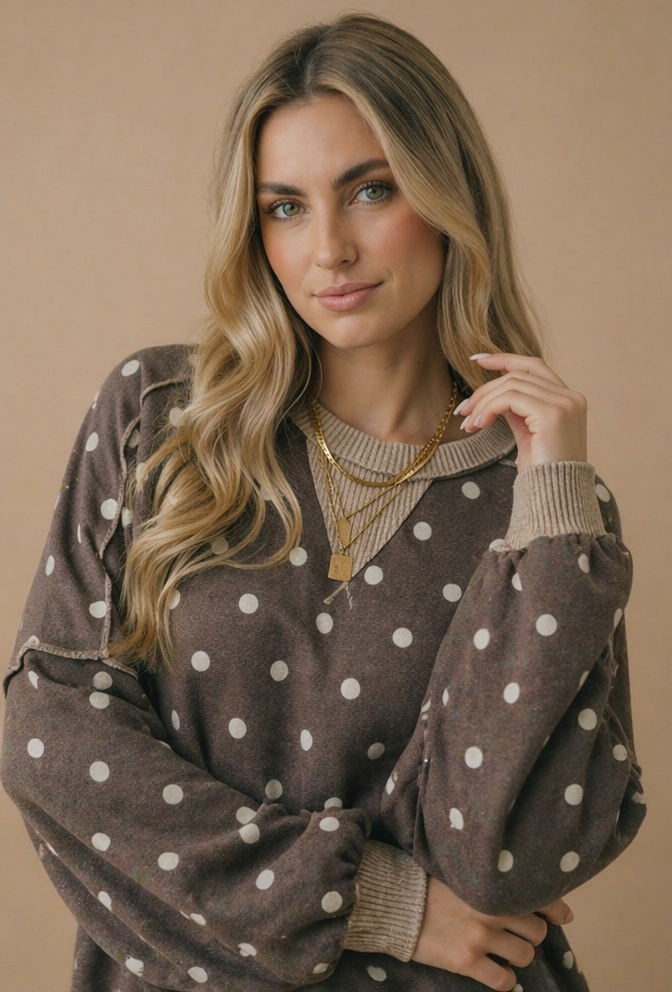 Haptics Crew Neck Polka Dot Reverse Stitch Pullover