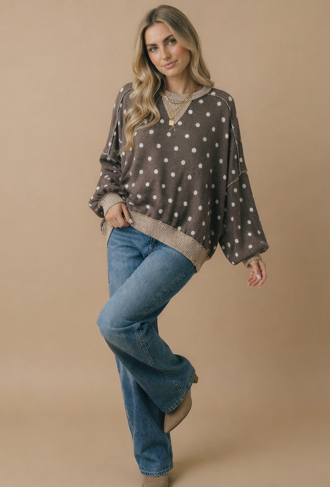 Haptics Crew Neck Polka Dot Reverse Stitch Pullover