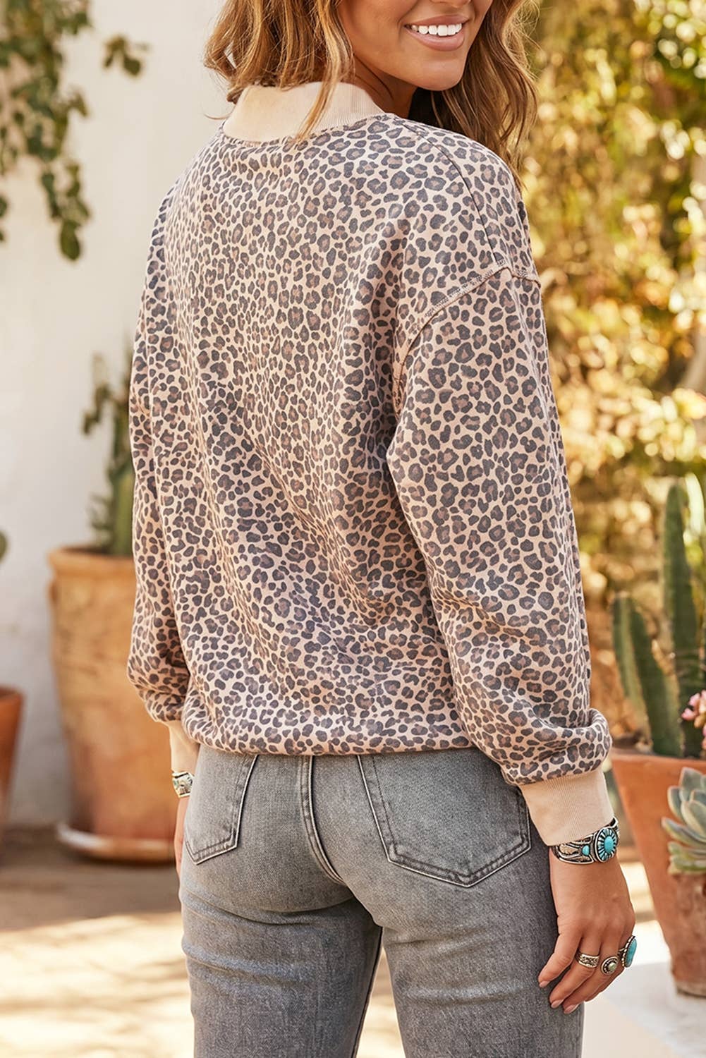LAS Western Leopard Patchwork Trim Mock Sweatshirt (S-XL)