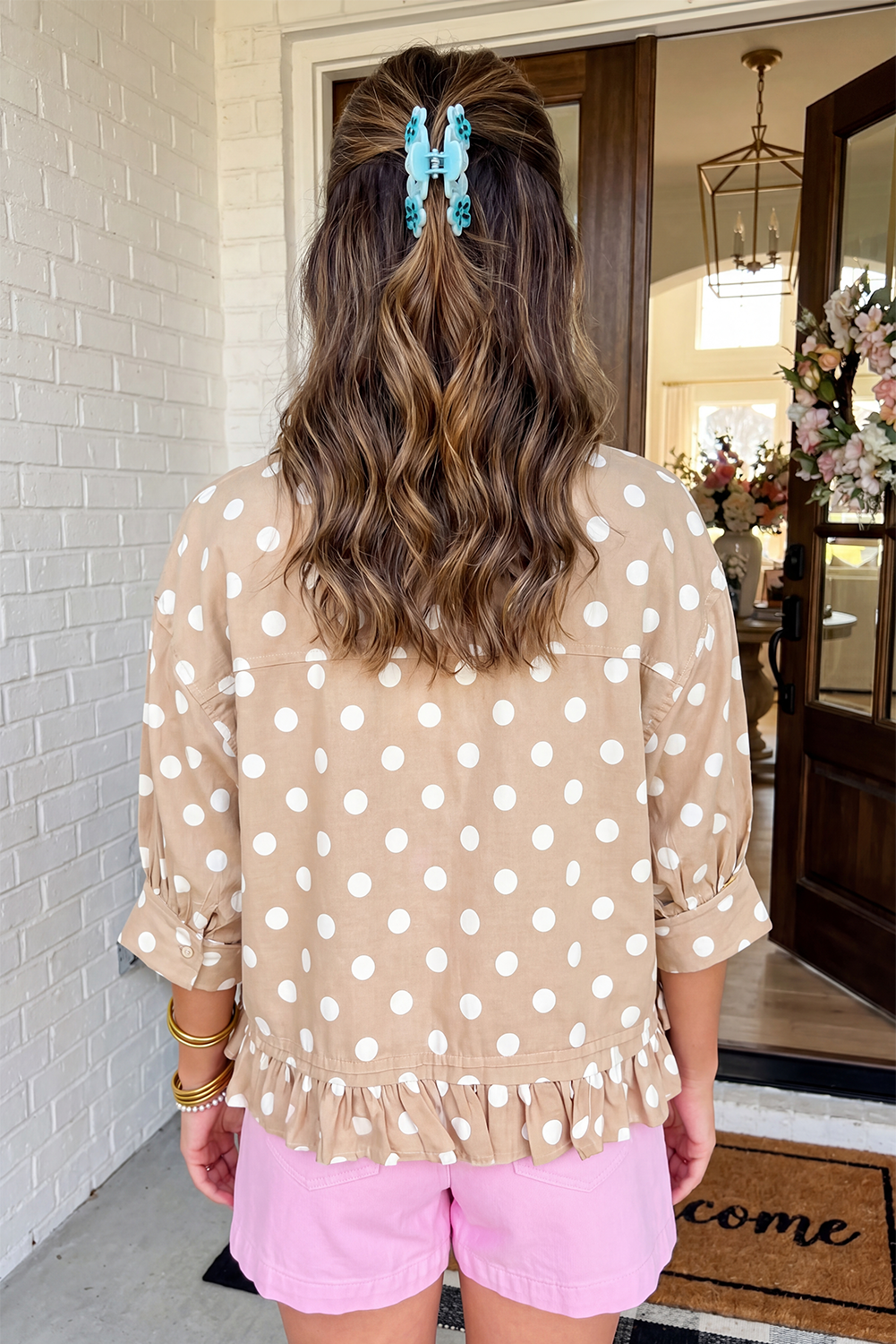 LAS Polka Dot Ruffle Hem Button Up Casual Shirt