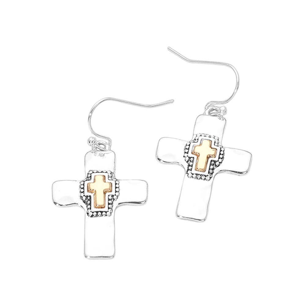Two Tone Cross Charm Drop Dangle Earrings