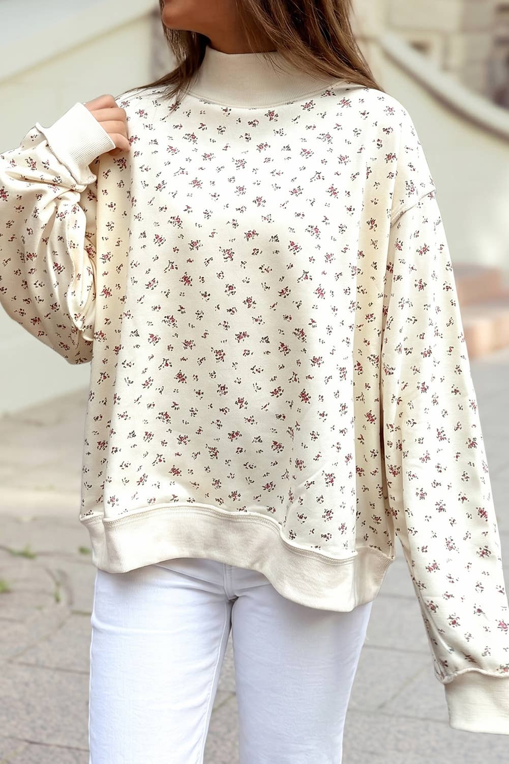Floral Print Exposed Seam Mock Neck Sweatshirt