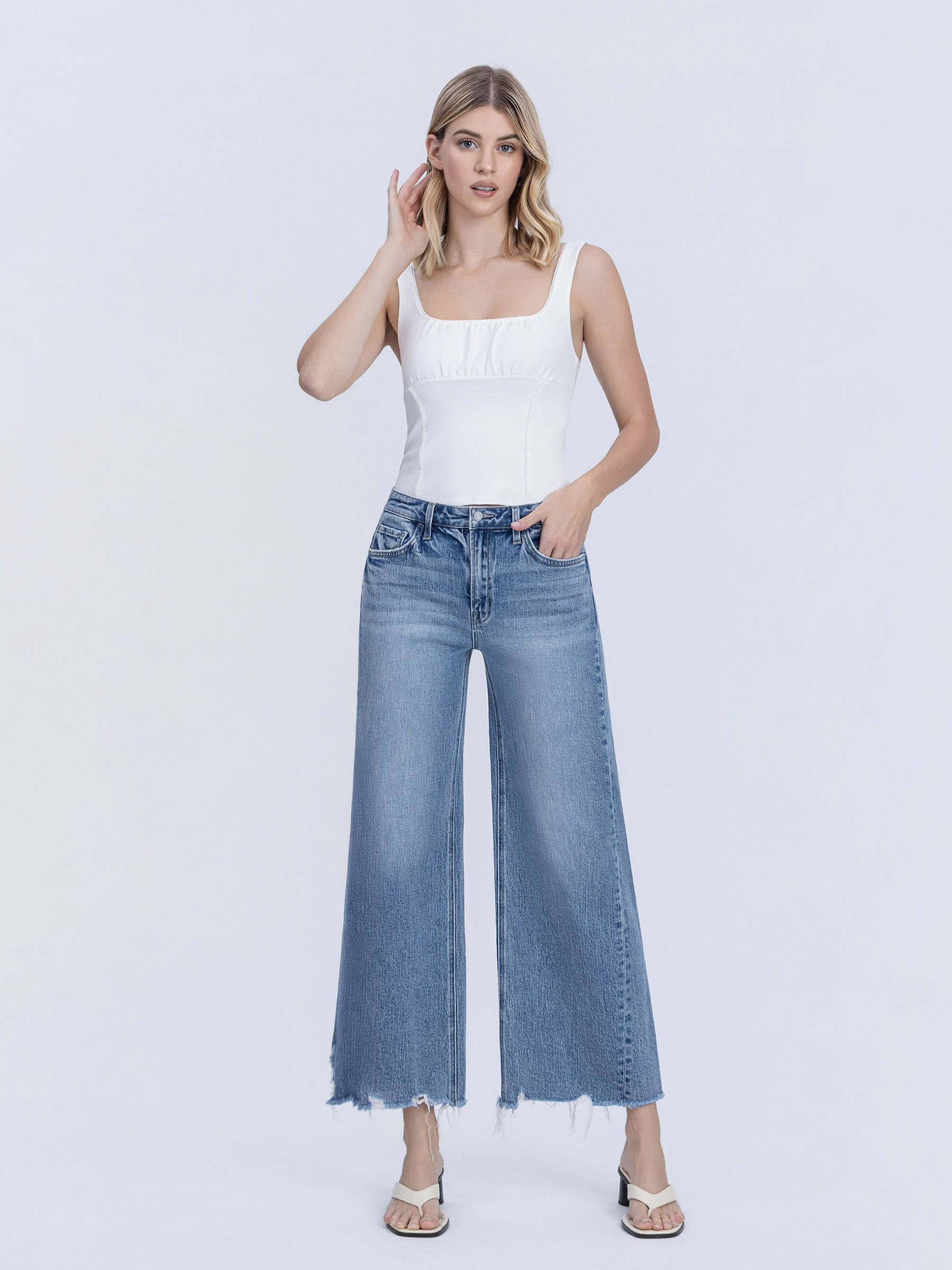 Vervet HIGH RISE RAW HEM SLANT SIDE SEAM WIDE LEG JEANS