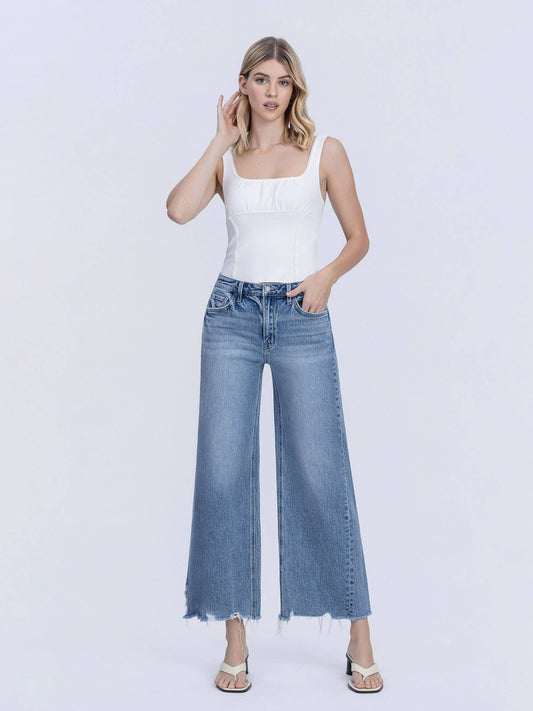 Vervet HIGH RISE RAW HEM SLANT SIDE SEAM WIDE LEG JEANS