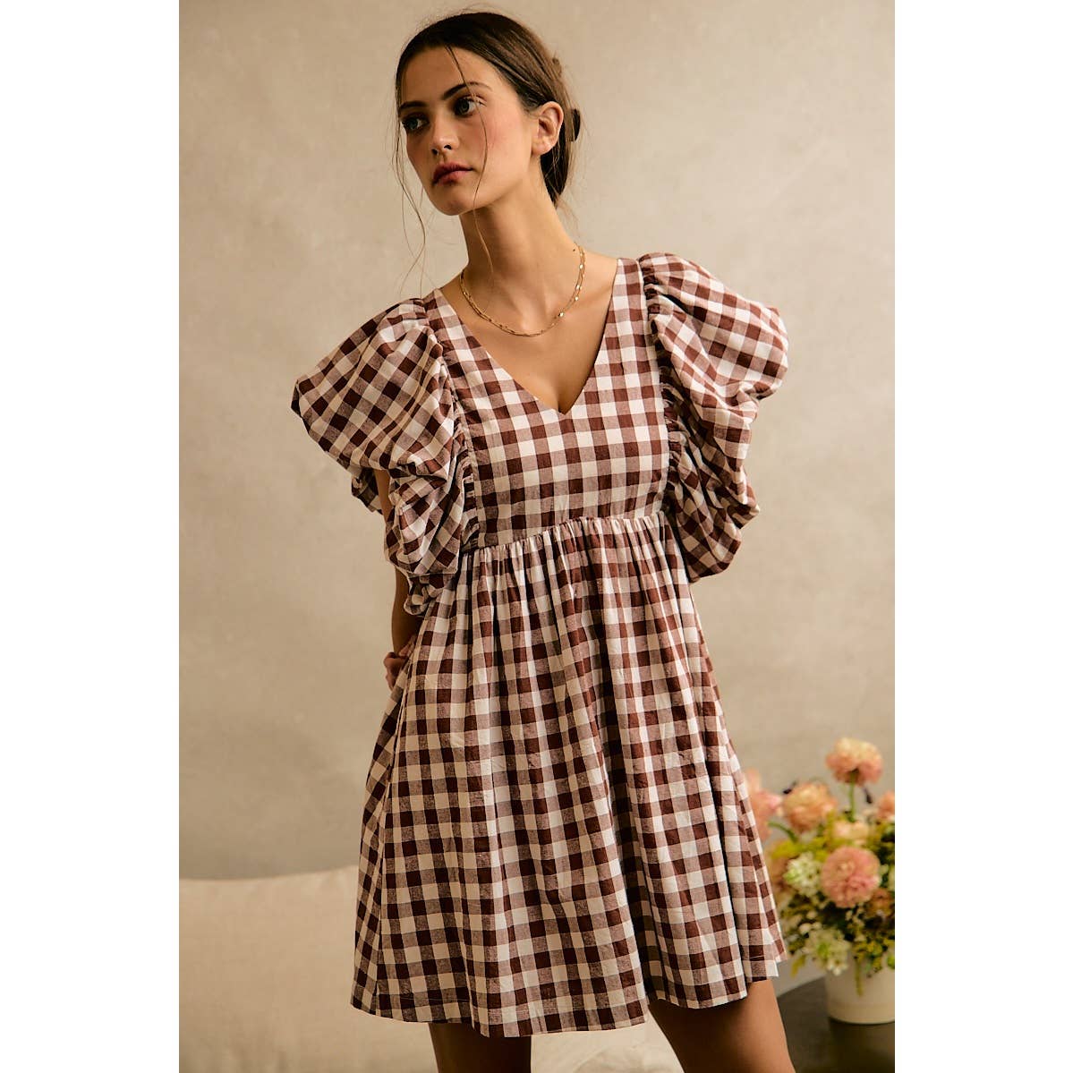 SO ME GINGHAM BUBBLE SLEEVES BACK SMOCKED DRESS