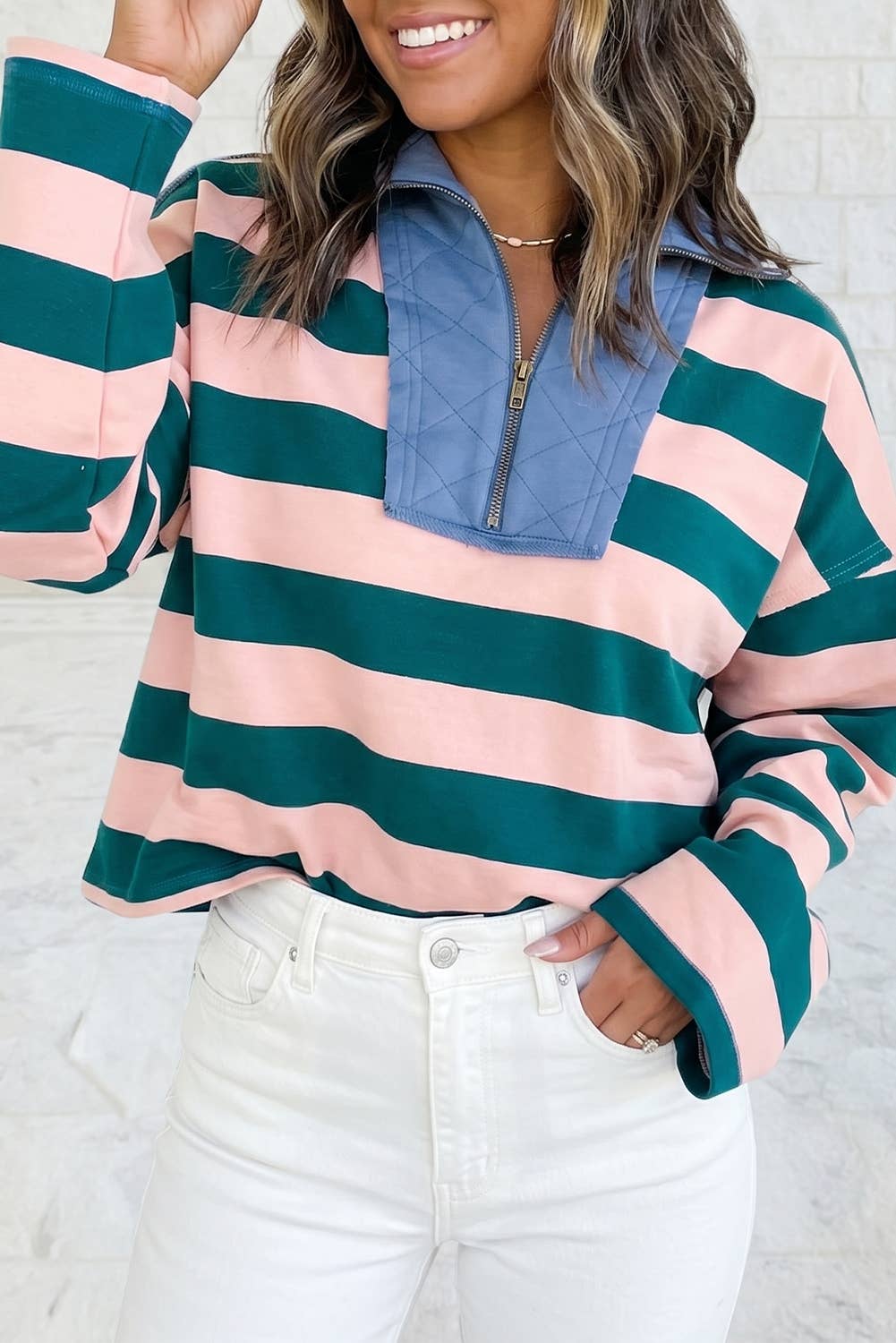 Contrast Stitched Collar Quarter-Zip Long Sleeve Casual Top