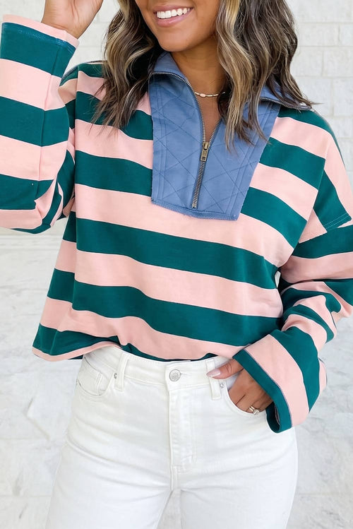 Contrast Stitched Collar Quarter-Zip Long Sleeve Casual Top