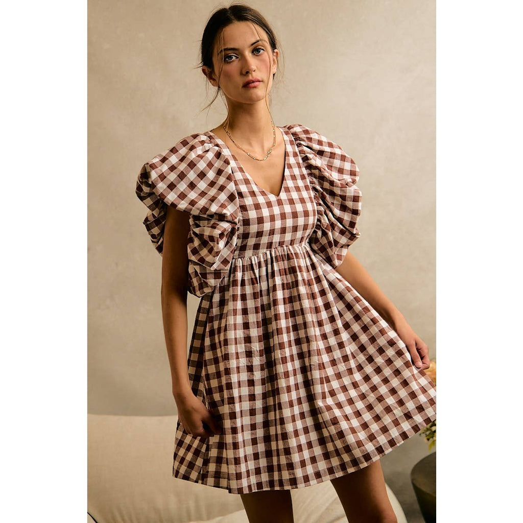 SO ME GINGHAM BUBBLE SLEEVES BACK SMOCKED DRESS
