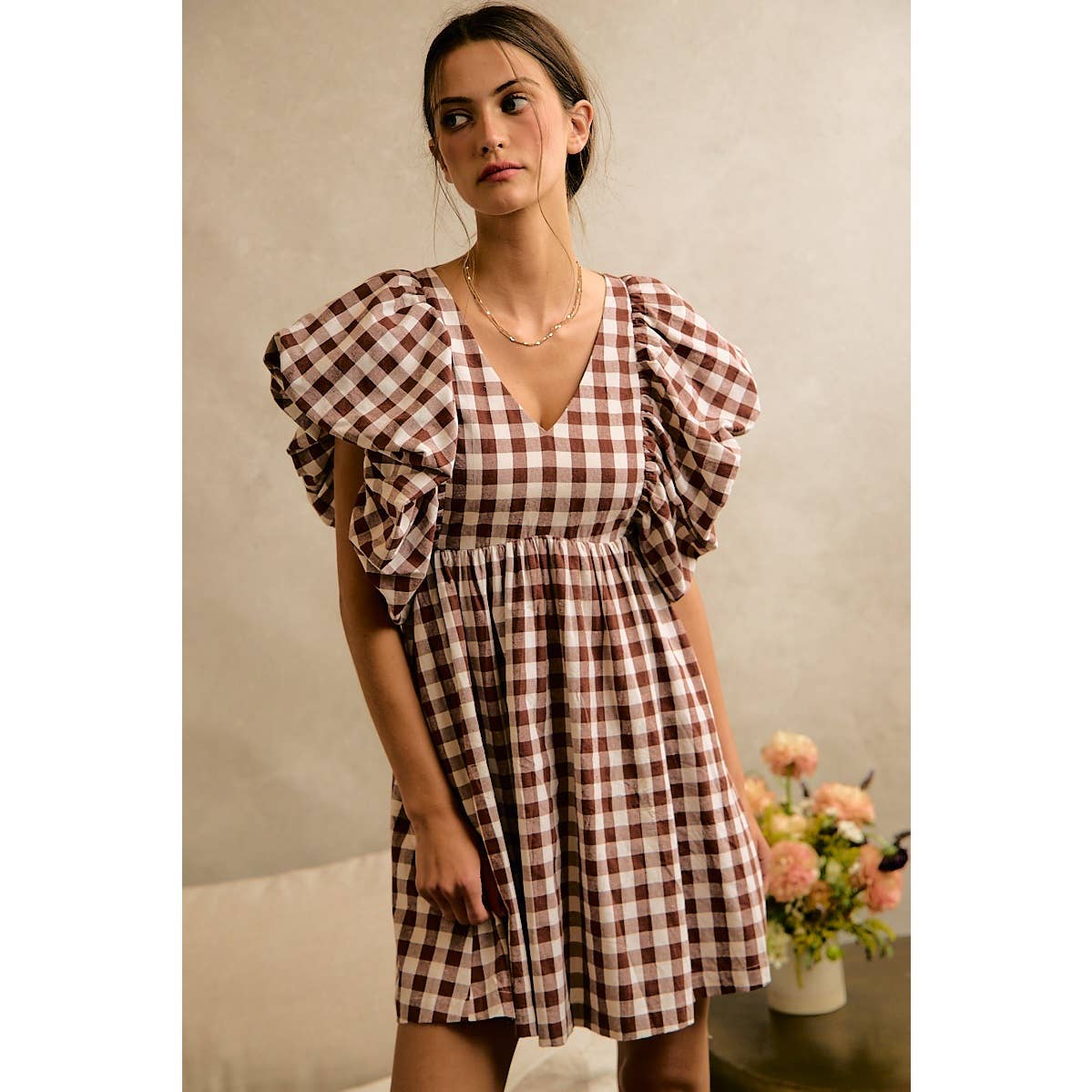 SO ME GINGHAM BUBBLE SLEEVES BACK SMOCKED DRESS