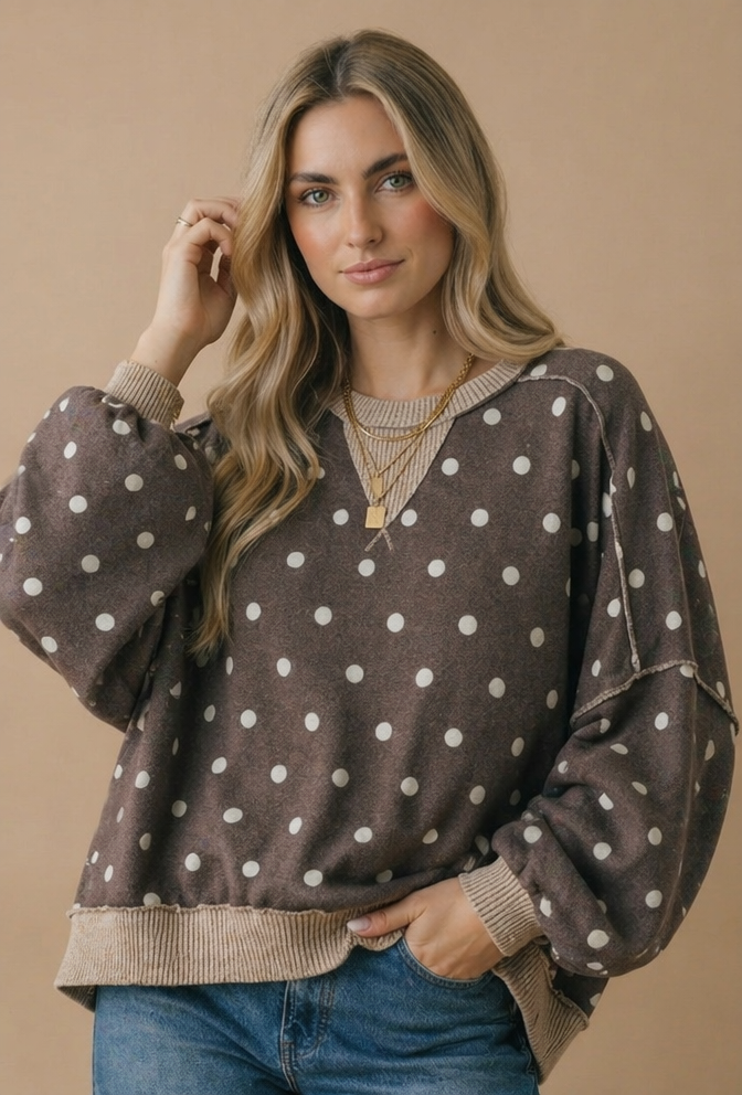 Haptics Crew Neck Polka Dot Reverse Stitch Pullover