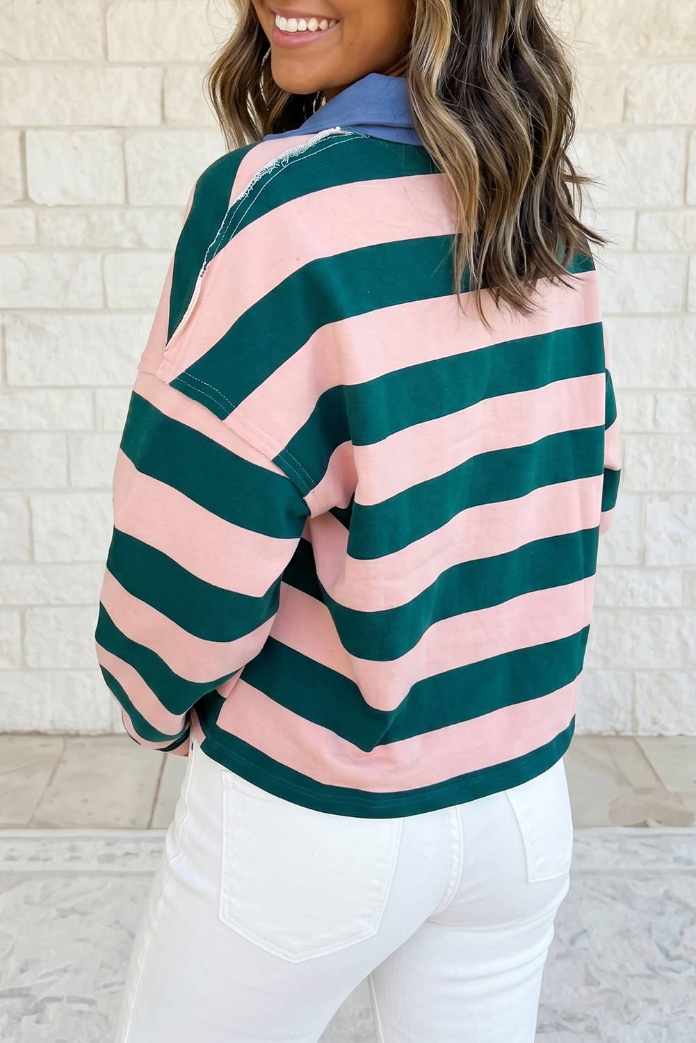 Contrast Stitched Collar Quarter-Zip Long Sleeve Casual Top