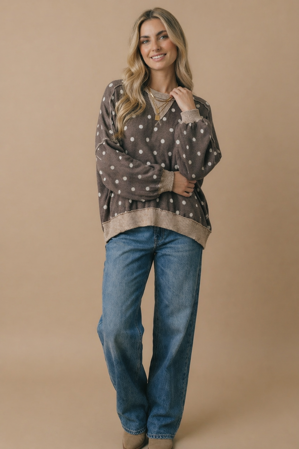 Haptics Crew Neck Polka Dot Reverse Stitch Pullover