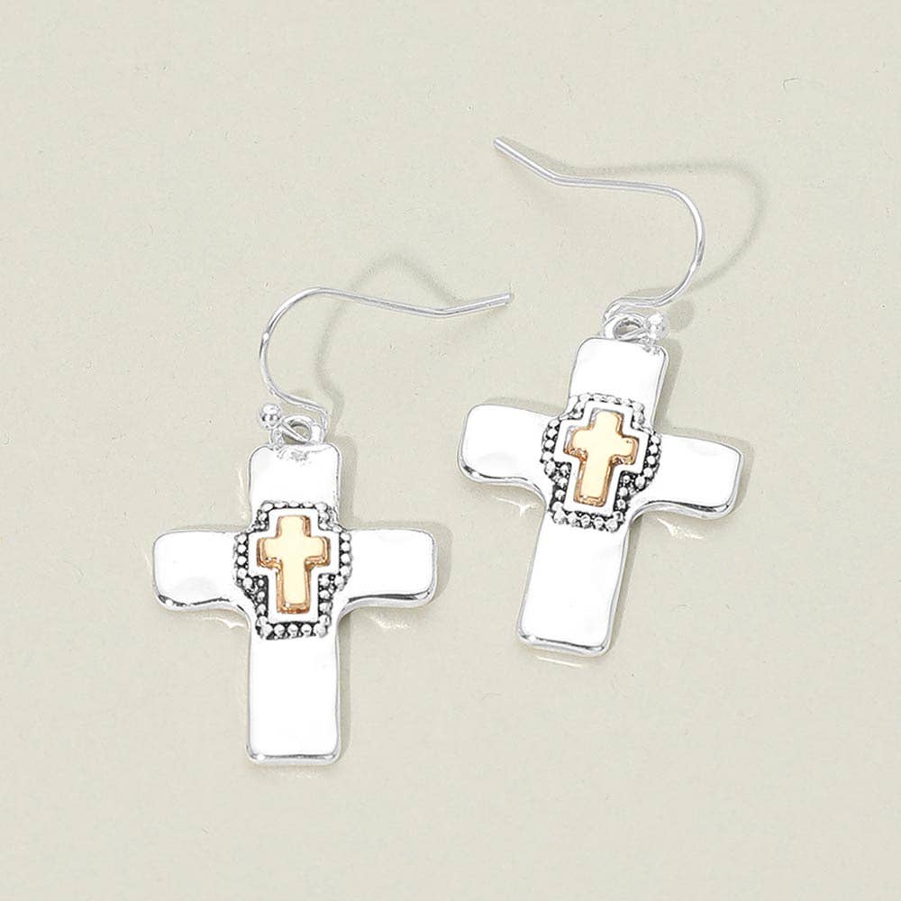 Two Tone Cross Charm Drop Dangle Earrings