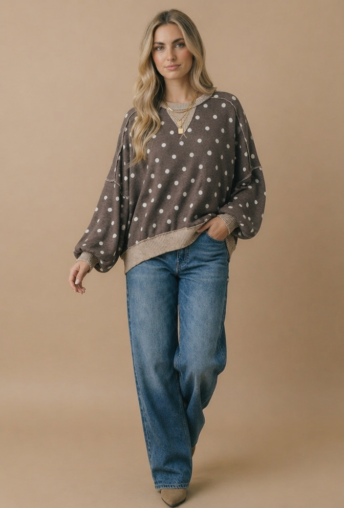 Haptics Crew Neck Polka Dot Reverse Stitch Pullover