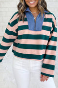 Contrast Stitched Collar Quarter-Zip Long Sleeve Casual Top