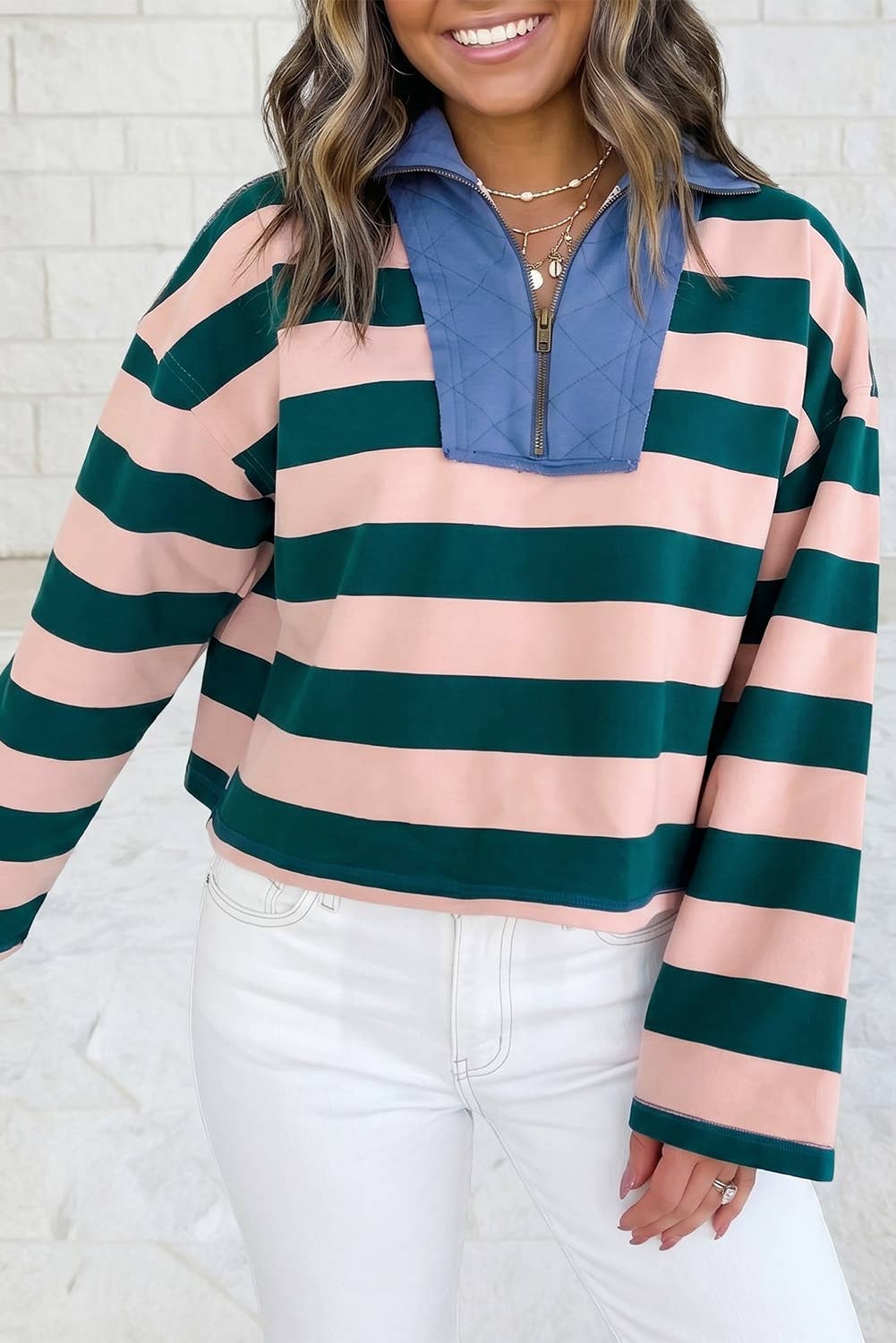 Contrast Stitched Collar Quarter-Zip Long Sleeve Casual Top