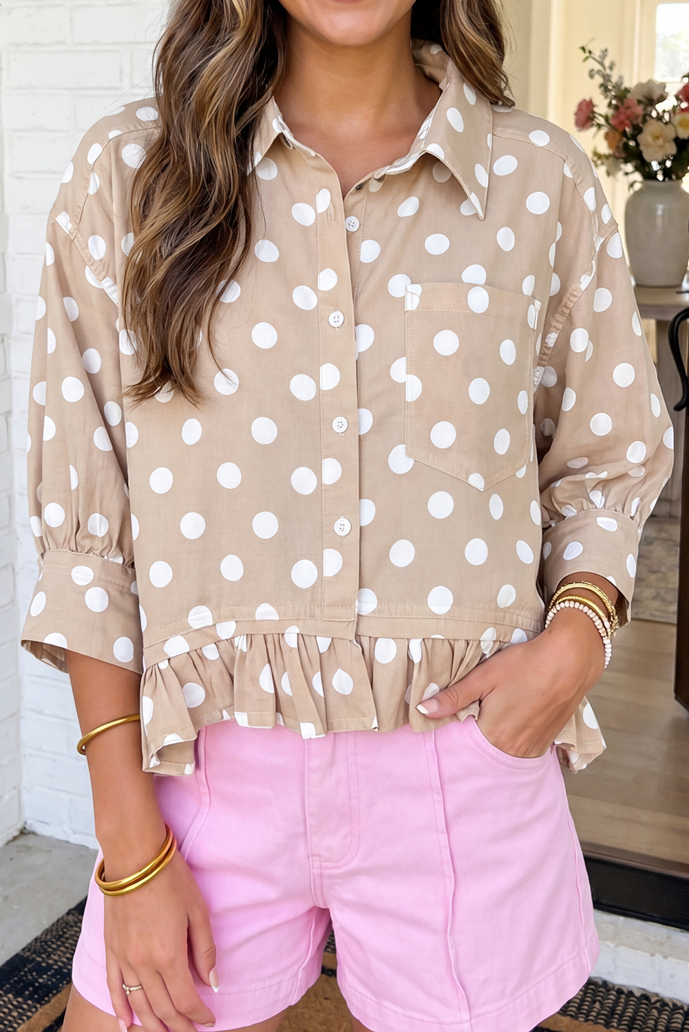 LAS Polka Dot Ruffle Hem Button Up Casual Shirt