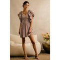 SO ME GINGHAM BUBBLE SLEEVES BACK SMOCKED DRESS
