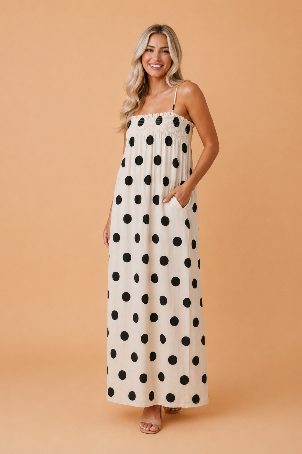 PRETTY BASH Polka Dot Spaghetti Strap Maxi Dress
