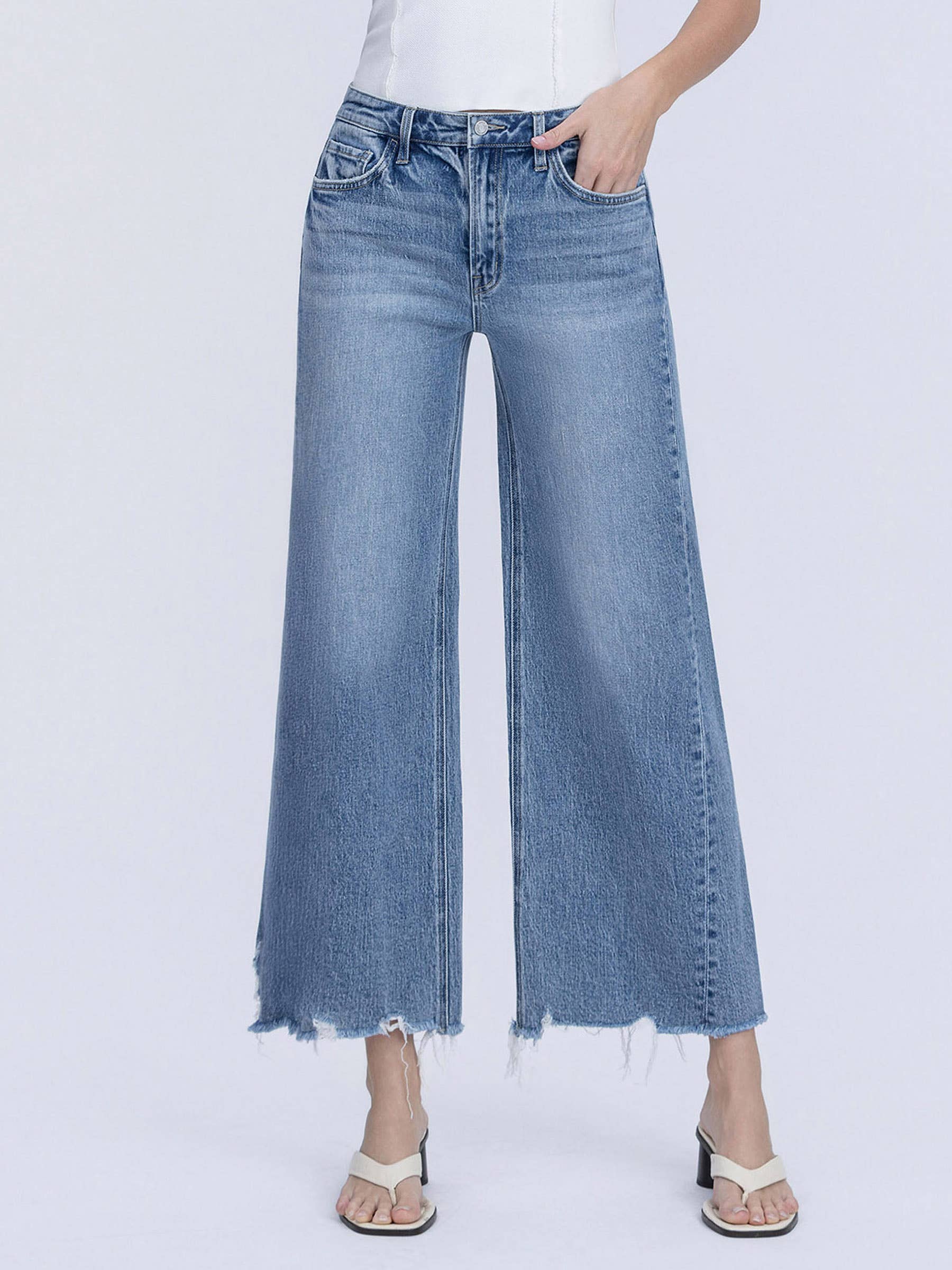 Vervet HIGH RISE RAW HEM SLANT SIDE SEAM WIDE LEG JEANS