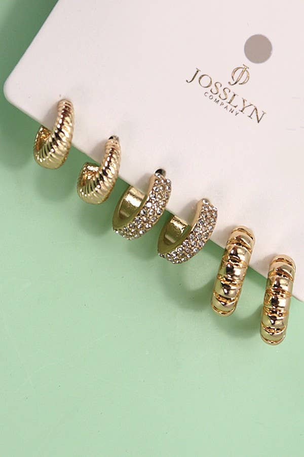 Josslyn TRIO RHINESTONE TEXTURED HUGGIE HOOP EARRINGS