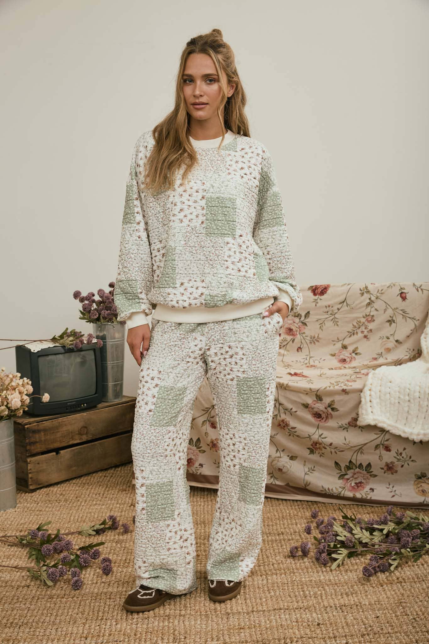 J.O.A. MULTI-FLORAL PATCHWORK KNIT TOP and PANTS SET