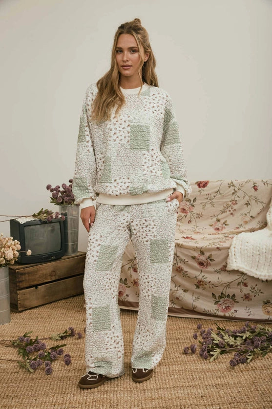 J.O.A. MULTI-FLORAL PATCHWORK KNIT TOP and PANTS SET