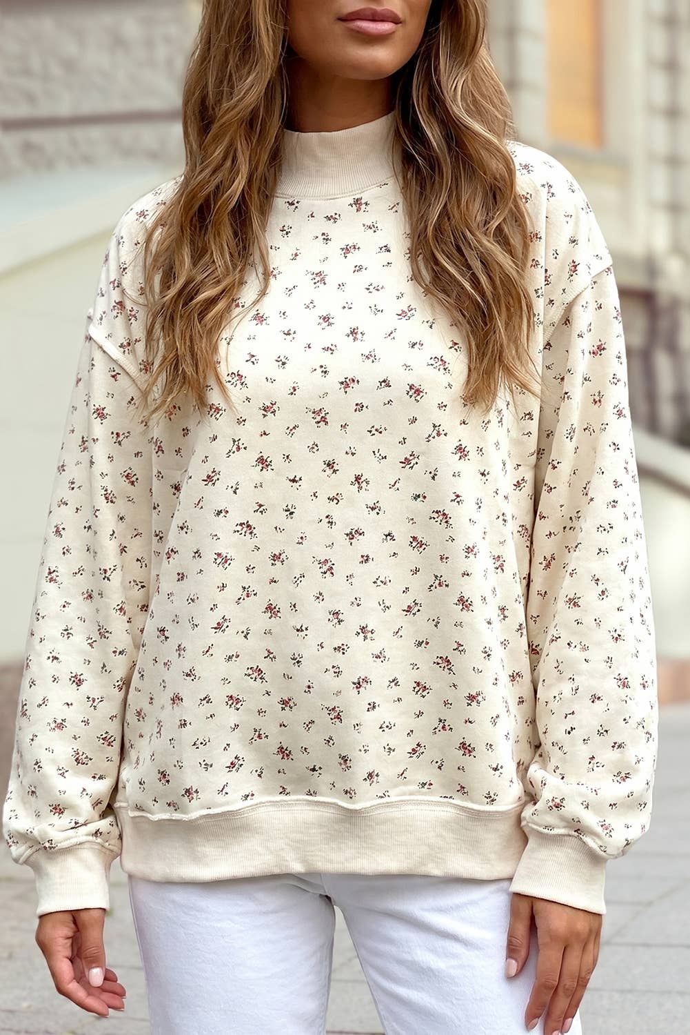 Floral Print Exposed Seam Mock Neck Sweatshirt