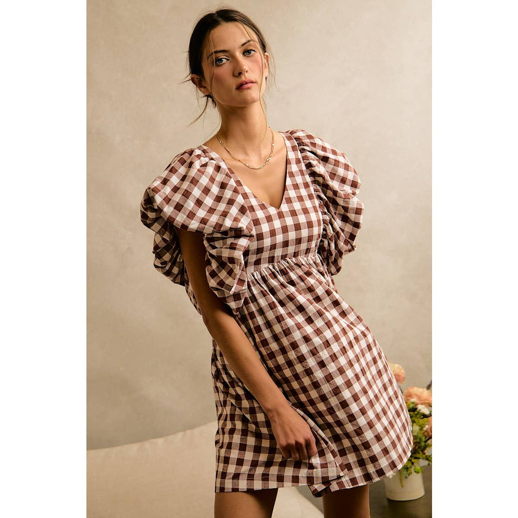SO ME GINGHAM BUBBLE SLEEVES BACK SMOCKED DRESS
