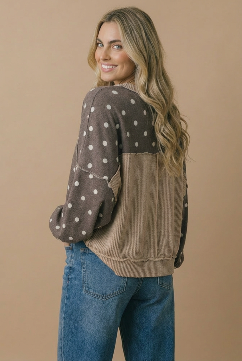 Haptics Crew Neck Polka Dot Reverse Stitch Pullover