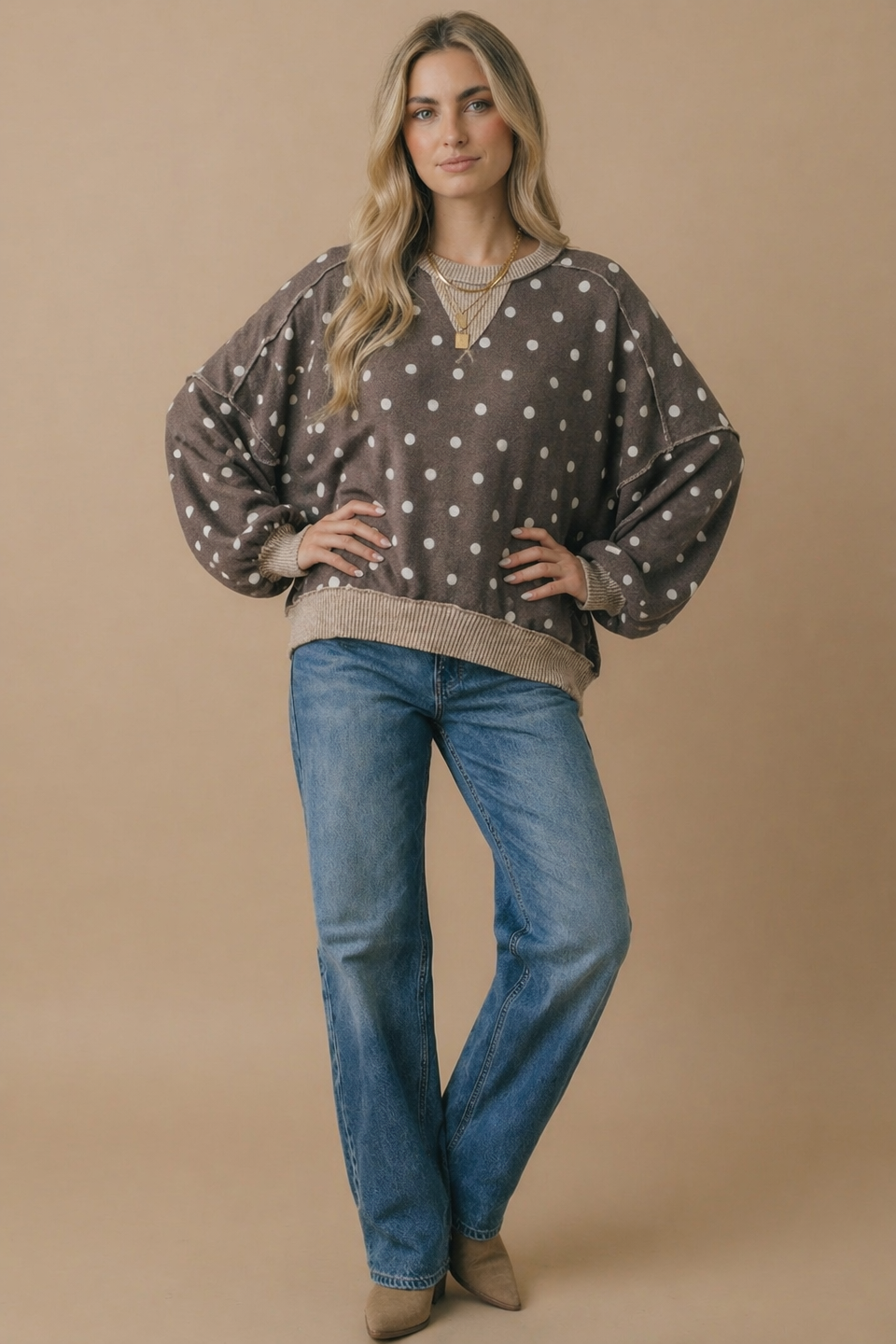 Haptics Crew Neck Polka Dot Reverse Stitch Pullover