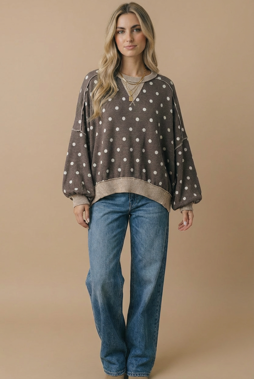 Haptics Crew Neck Polka Dot Reverse Stitch Pullover