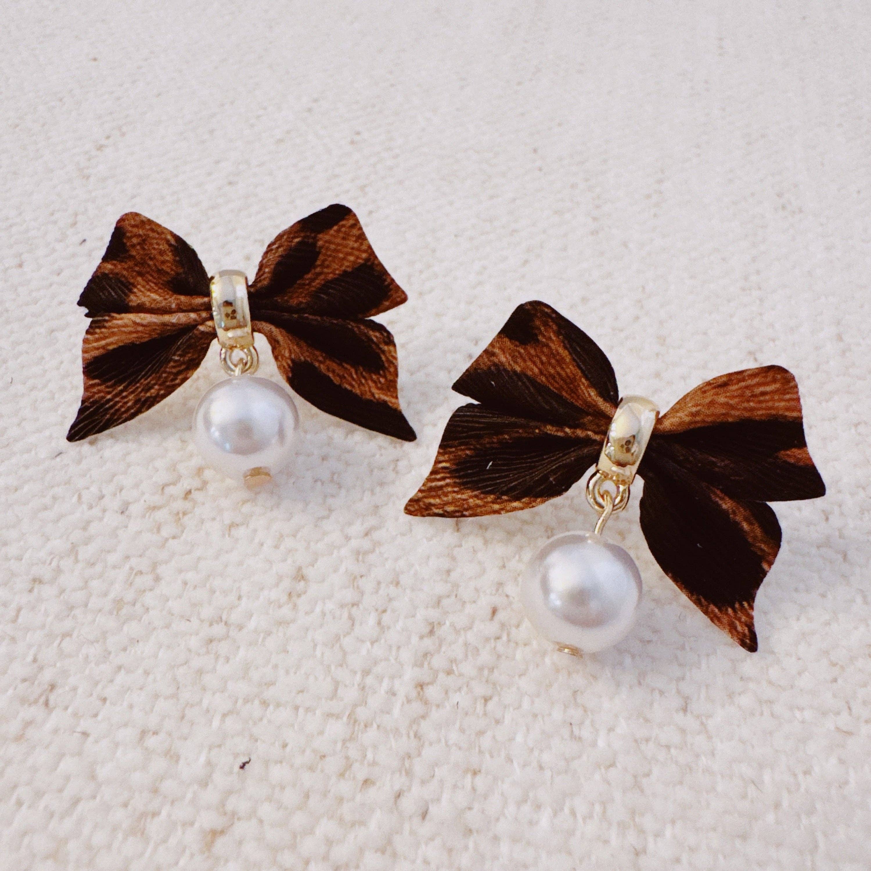 Ellison+Young Leopard Luxe Bow and Pearl Drop Earrings