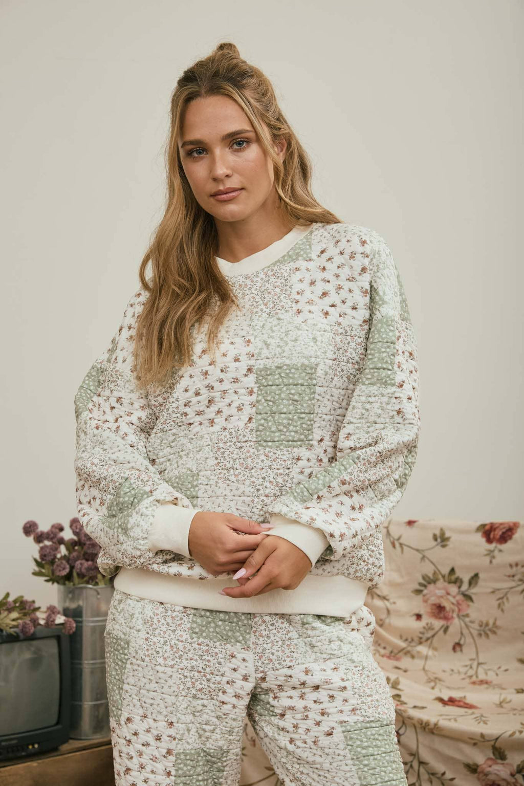 J.O.A. MULTI-FLORAL PATCHWORK KNIT TOP and PANTS SET