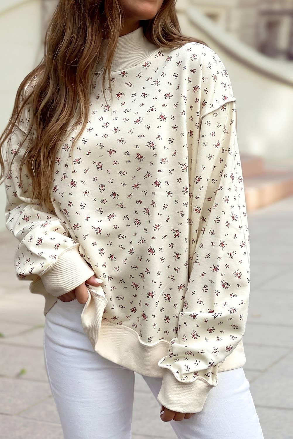Floral Print Exposed Seam Mock Neck Sweatshirt