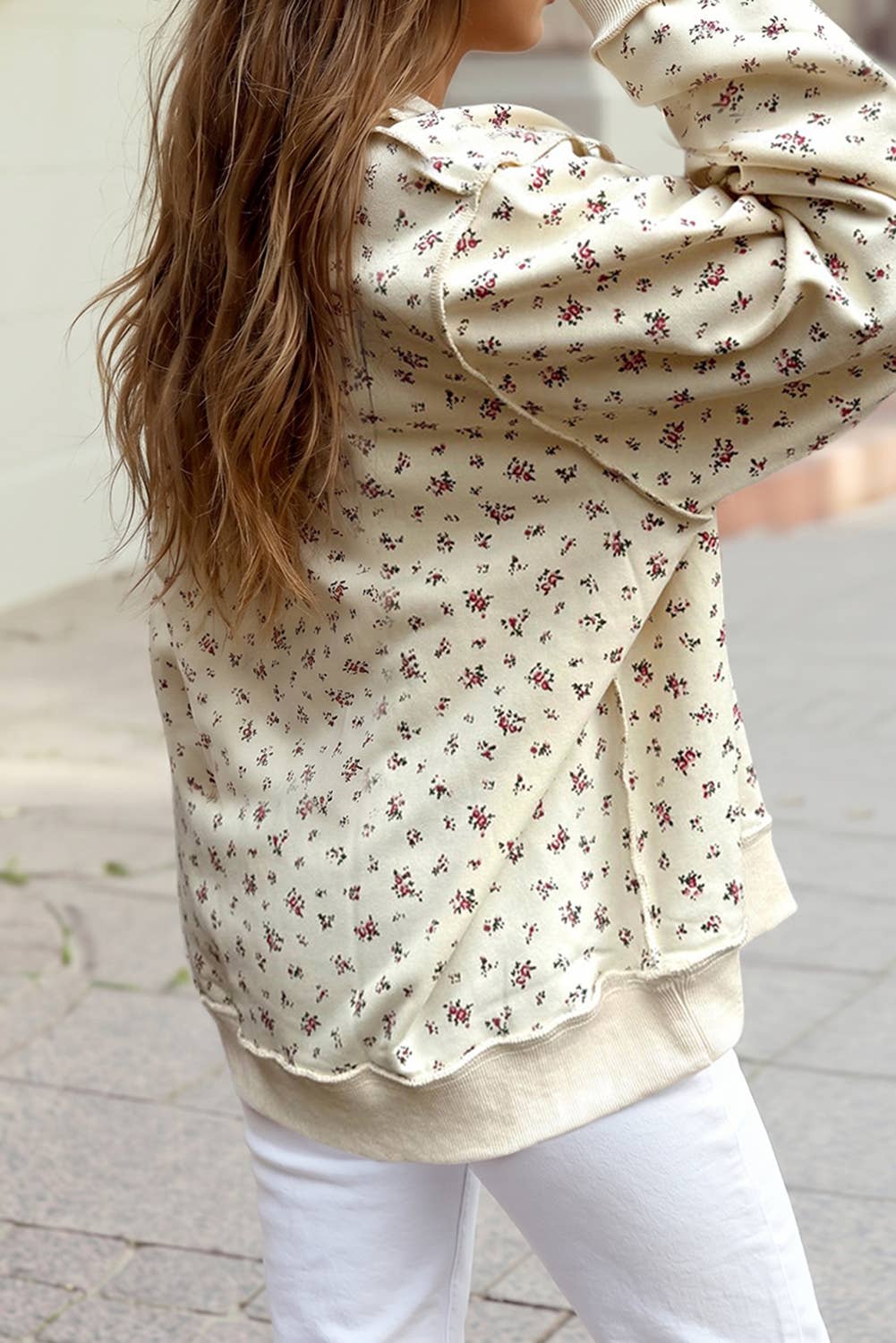 Floral Print Exposed Seam Mock Neck Sweatshirt