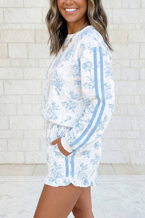Blue Floral Striped Sleeve Top & Ruffle Hem Short Loungewear
